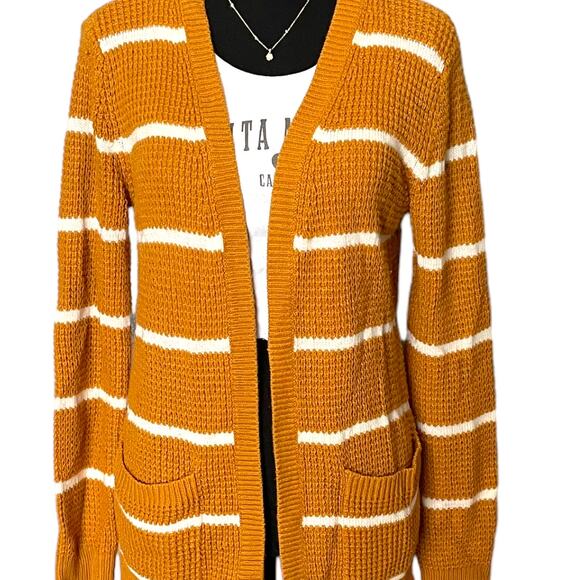 3/$15 Moondance Women's Mustard Yellow Stripes Fall Long Cardigan Sweater Small - Picture 11 of 11